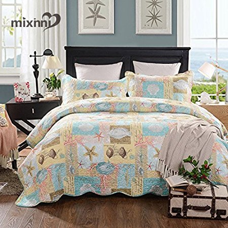 mixinni Seashell Beach Bedding Quilt Set Beach Theme Bedspread Sets King With Shams Shell Print Pattern Ocean 100% Cotton Reversible Patchwork Coverlet