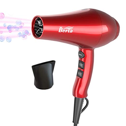 Professional Ionic Hair Dryer, Berta Powerful 1875 Watt Ceramic Salon Blow Dryer Negative Ions DC Motor Cool Shot Button Hairdryer 2 Speed 3 Heat Settings with Concentrator Nozzle Cola Red