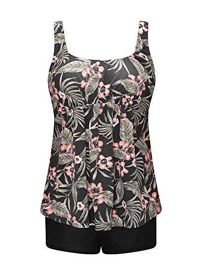 Wantdo Women's Plus Size Two Piece Swimsuit Floral Tankini Set