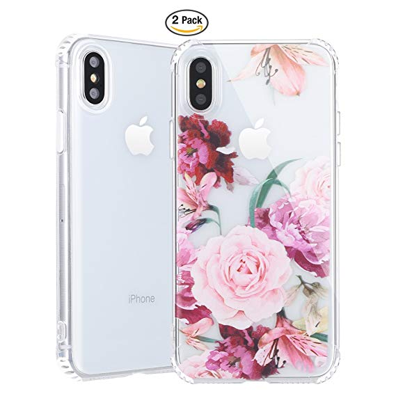 iPhone X Case,iPhone 10 Case with flowers,[2-Pack],Noii Clear Floral pattern protective Slim case,printed flower Design Soft Flexible TPU Back Cover with TPU BUMPER shockproof protective - Purple Rose