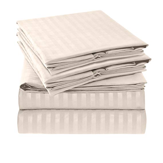 Nestl Bedding Damask Dobby Stripe 6 Piece Set – 14”-16” Deep Pocket Fitted Sheet – Ultra Soft Double Brushed Microfiber Top Sheet – 4 Hypoallergenic Wrinkle Free Cooling Pillow Cases, Queen - Beige