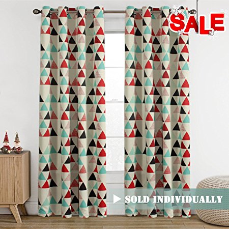 H.Versailtex Geometry Triangle in Red/Beige/Stone Blue Pattern Blackout Kids Room Window Curtains, Antique Copper Grommets, 52 inch Wide by 84 inch Long - 1 Panel