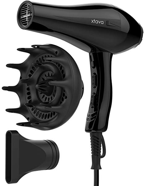 Xtava 1875 Watt Pro Hair Dryer - Salon Grade Professional Blow Dryer with Diffuser for Hair Styling - Frizz Control Volumizer Blowdryer with Concentrator Nozzle Attachment and Cool Shot Button - Black