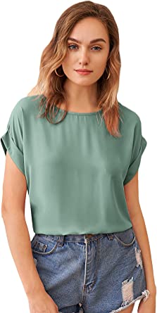 Milumia Women's Casual Round Neck Cuffed Short Sleeve Solid Blouse Shirt Top