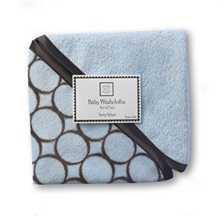 SwaddleDesigns Terry Velour Baby Washcloths, Brown Mod Circles (Set of 2 in Pastel Blue)