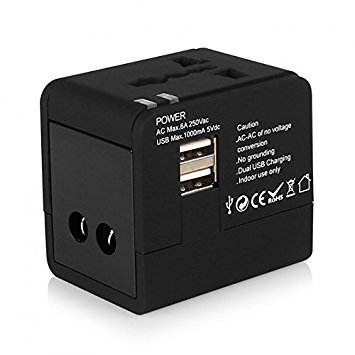 SainSonic Universal All In One AC Power Adapter Charger Converter Travel Plug, Fuse Protected, AU UK US EU 150  Countries, 2 USB Ports