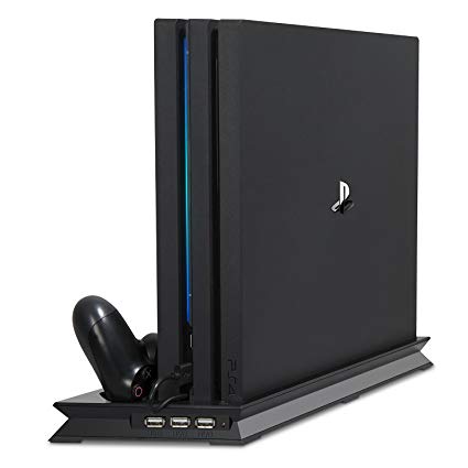 PS4 Pro Cooling Stand, TechRise PS4 Pro Vertical Stand Cooling Fan Cooler Controller Charger Charging Station for Playstation 4 Pro - Black