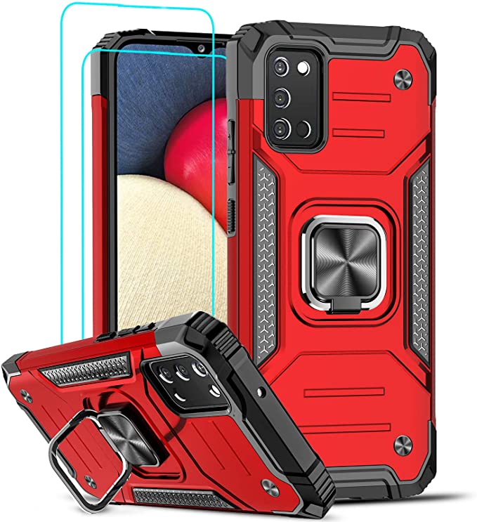 LeYi Compatible with Samsung Galaxy A02S Case, Galaxy A02S Case with Tempered Glass Screen Protector [2Pcs], Shockproof [Military-Grade] Phone Cover Case with Ring Kickstand for Samsung A02S, Red