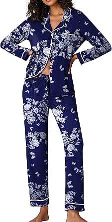 Ekouaer Pajamas Women's Long Sleeve Sleepwear Soft Button Down Loungewear Pjs Lounge Set Nightwear XS-XXL