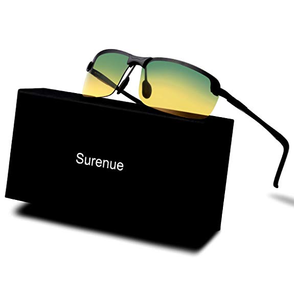 Men's Night Vision Glasses Surenue HD Polarized Anti-Glare Rain Day Safety for Night Driving and outdoor activities