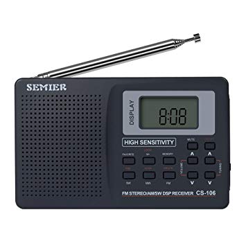 SEMIER Portable Shortwave Travel AM FM Stereo Radio with Clock, Alarm, Clear Loudspeaker, Earphone Jack and USB Power Cord