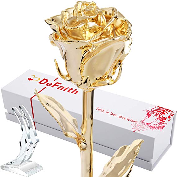 DEFAITH Real Rose 24K Gold Dipped with Crescent Stand, Forever Gifts for Her Valentines Day Anniversary Wedding and Proposal, Attractive Luster and Natural Shape (K. Gold)