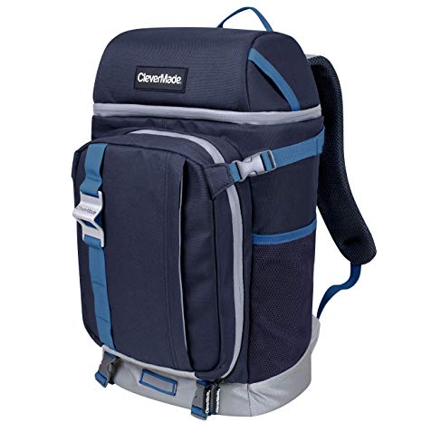 CleverMade Cardiff Backpack Cooler Bag - Insulated 24 Can Soft Leakproof Cooler with Bottle Opener, Dry Storage Compartments and Mesh Side Pockets, Navy