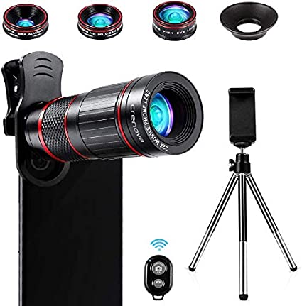 Crenova Phone Camera Lens Kit, 11 in 1 Universal 22X Zoom Telephoto Lens   25X Macro Lens   0.62X Wide Angle Lens   235° Fisheye Lens   Bluetooth Shutter   Extendable Tripod for iPhone, Android Phone