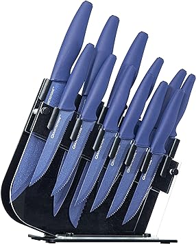 Nutriblade 13-Piece Knife Set by Granitestone High-Grade Stainless Steel Blade Chef Kitchen Knives Set with Acrylic Block Includes 6-piece Kitchen Knife plus 6-piece Fully Serrated Steak Knife (Blue)