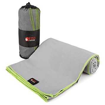 EZOWare Microfibre Towel Super Absorbent Quick Dry with Carry Pouch for Swimming Pool, Travel, Beach, Bath, Gym, Yoga, Pilates, Camping, Home, or Outdoor Sports- Grey and Green Trim