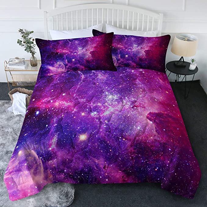 BlessLiving Galaxy Comforter Full/Queen 3D Cosmic Space Space Bedding Purple Teal Pink 3 Piece Galaxy Stars Comforter Set with 2 Pillow Cases for Kids Teen Girls Boys