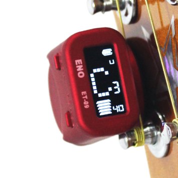 Eno Clip on Guitar Tuner for Acoustic, Electric, Bass Guitars and Ukulele, Vibration Sensor, LCD Display, Built-in Rechargeable Lithium Battery, Chromatic Tuning, Red