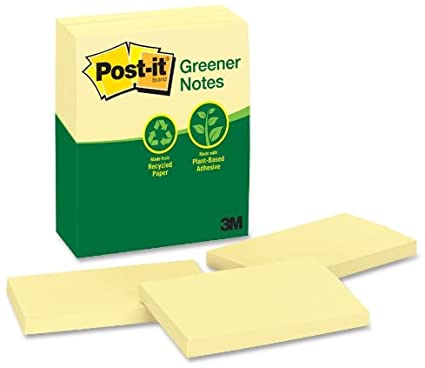 Post-it Greener Notes, 3x5 in, 12 Pads, America's #1 Favorite Sticky Notes, Canary Yellow, Clean Removal, 100% Recycled Material (655-RP)