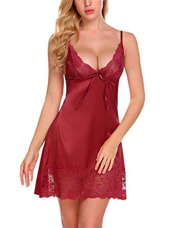 ADOME Womens Lace Lingerie Babydoll Mesh Chemise V Neck Nightwear Outfit