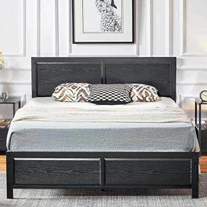 VECELO Queen Size Platform Bed Frame with Black Wood Headboard, Mattress Foundation, Strong Metal Slats Support, No Box Spring Needed