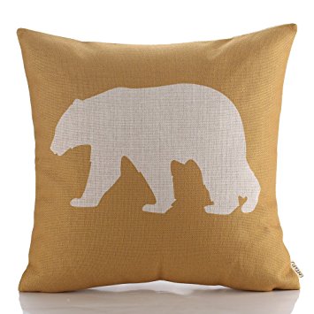 HT&PJ Decorative Cotton Linen Square Throw Pillow Case Cushion Cover Yellow Background Bear Printed 18 x 18 Inches