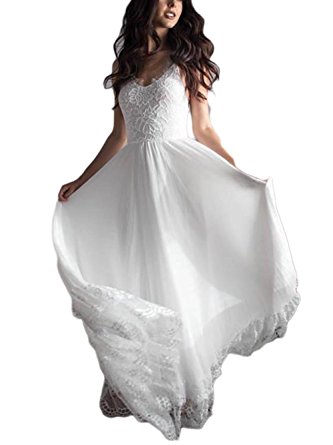 Falydal Women's Bohemia Summer Lace Wedding Dress V Neck Spaghetti Straps Long Chiffon Bridal Gowns