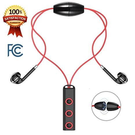 Bluetooth Headphones, QUIMOOZ Wireless Sports Earphones HD Stereo Sweatproof Earbuds Necklace Headsets Running with Mic Noise Canceling Call Vibrate Voice Prompt Magnetic for iPhone X 8 7S 6S Plus Red