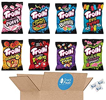 Trolli Gummies 8-pack Variety Snack Gift Box – Sour Brite Crawlers, Sour Brite Eggs, Sour Brite Blasts, Evil Twins, Cherry Bombers, Watermelon Sharks, Strawberry Puffs, Peachie O’s