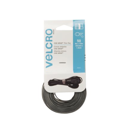 VELCRO Brand - ONE-WRAP Cable Management, Thin Self-Gripping Cable Ties: Reusable, Light Duty - 8" x 1/2" Ties, 50 ct. - Black / Gray