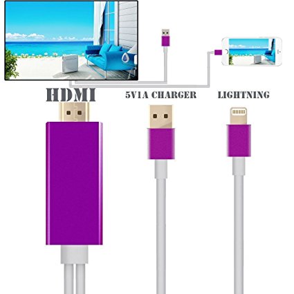 PinPle HDMI Adapter Cable, 6.4ft Apple 8-Pin to 1080P HDMI Video AV Cable Connector with USB Charging Cable for iPhone 5 5S 5C 6 6S Plus (Purple)