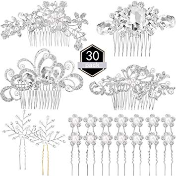 30 Pieces Wedding Bridal Hair Accessories Set 4 Pieces Rhinestone Wedding Hair Side Combs, 2 Pieces U-shaped Silvery Hair Clips, 24 Pieces Imitation Pearl Hairpins