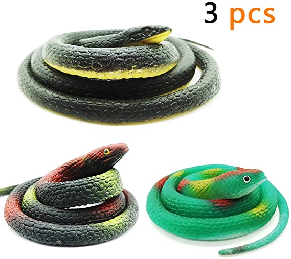 Lechay 3 Pieces Realistic Rubber Snakes in 2 Sizes 52 Inches and 29 Inches, Fake Snake Black Mamba Snake Toys for Garden Props to Scare Birds, Pranks, Halloween Decoration (3 Pieces, 52 Inch, 29 Inch)