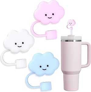 3Pcs Cute Straw Cover Cap for Stanley Tumbler 40 & 30 oz, 10mm Cloud Shape Straw Toppers, Reusable Soft Silicone Straw Covers for Stanley Cup Accessories Dust-proof Straw Protectors