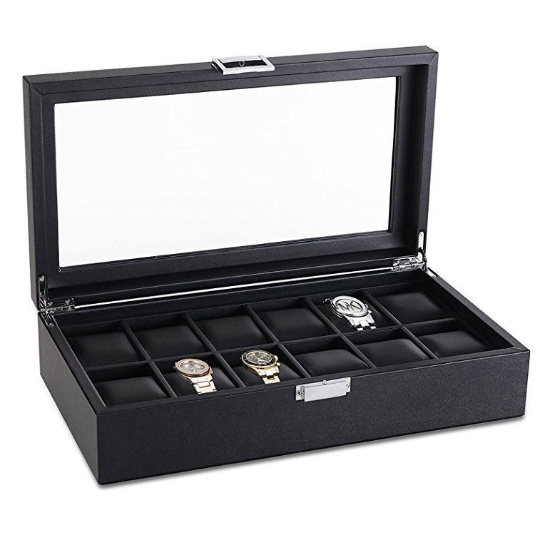 SWEETV Glass Lid 12 Watch Boxes for Men Black Jewellery Display Storage Case Orgaziner PU Leather Watchbox