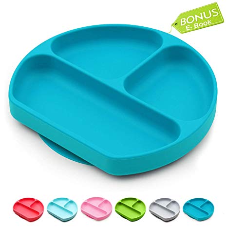 Baby Dröm Suction Plates for Toddlers | Divided Silicone Baby Plate | All in 1 Toddler Plates and Bowls Fits Most Highchair Trays | Silicone Placemats for Babies | 8"x7.2"x1.3" Turquoise