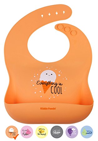 KIDDO FEEDO Silicone Bib for Baby Boys and Girls - 6 Designs with Fun/Cute Sayings Available - Non-Absorbent and Easy Roll Up and Go - Orange