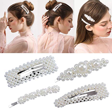 4 Pack Pearl Hair Clips for Girls Women Wedding Bridal Faux Pearl Wrapped Hair Pins Hair Barrettes Accessories for Thick Hair