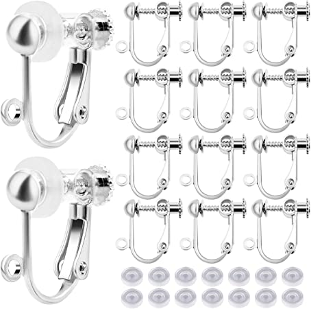 24pcs Clip-on Earring Converters Brass Screw Back Earwire Non Pierced Earring Components with Loop and 24pcs Anti-Pain Ear Pads for DIY Jewelry Making, Bright Silver