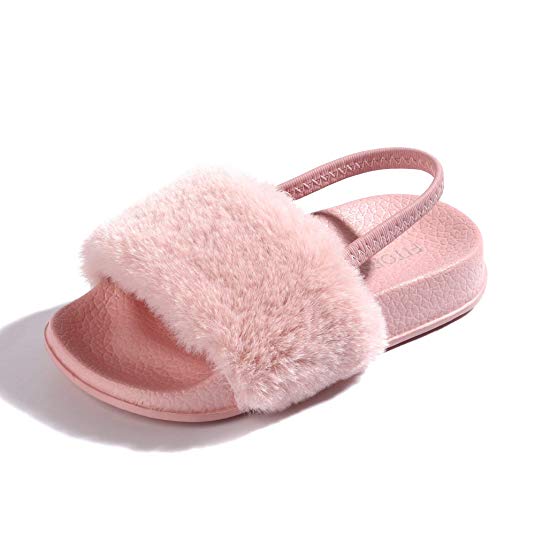 FITORY Girls Sandals Toddler, Faux Fur Slides with Elastic Back Strap Flats Shoes for Kids