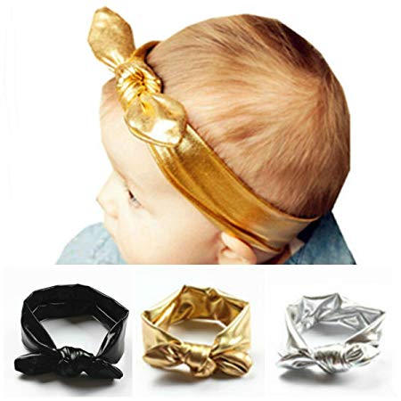 AKOAK 3Pcs/Lot Fashion Children Metallic Messy Big Bow Baby Girls Elasticity Headband Baby Kids Cloth Turban Knot Hairband Wrap
