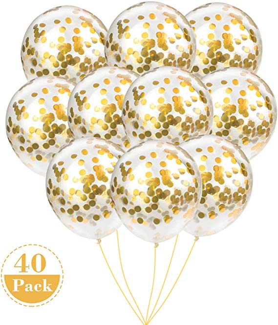 Gold Confetti Balloons - PREFILLED 40 Pack 12" Latex Party Balloons for Birthday - Wedding - New Years - Celebration Glitter Balloons