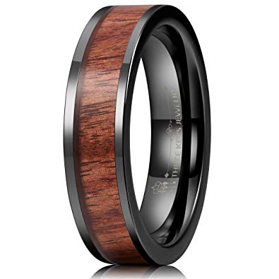 Three Keys Jewelry 8MM 6MM Black Ceramic Wedding Ring with Koa Wood Inlay Flat Wedding Band Ring
