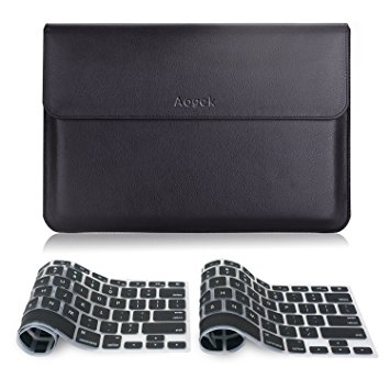 Laptop Sleeve, Aogek High Grade PU Faux Leather sleeve for 15-Inch MacBook Pro, Dell XPS 15.6 Tablet with Card Slot, Ipad Pro Pocket, Document Pocket and Soft Felt Interior, Black
