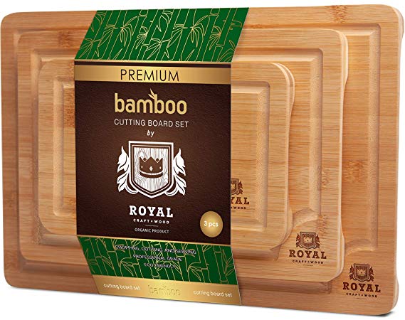 Organic Bamboo Cutting Board with Juice Groove (3-Piece Set) - Best Kitchen Chopping Board for Meat (Butcher Block) Cheese and Vegetables | Anti Microbial Heavy Duty Serving Tray w/Handles