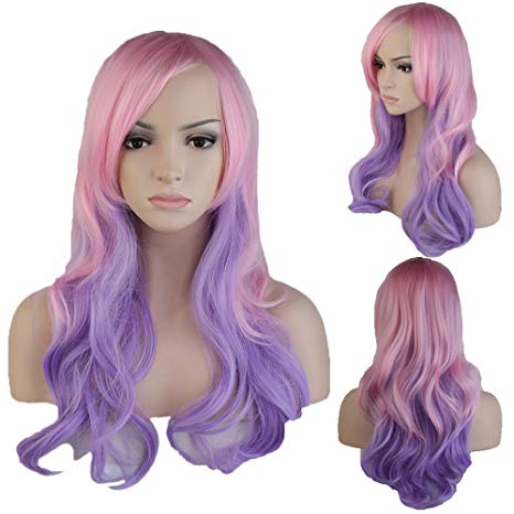 Synthetic Ombre Long Wavy Full Wig with Oblique Bangs for Women Cosplay Party Fashion Costume 24'' / 60cm Heat Resistant Japanese Kanekalon Fiber(Mix Pink Purple)
