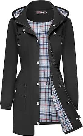 Bloggerlove Waterproof Rain Jacket Women Lightweight Rain Coat Long Outdoor Windbreaker Plaid Lined Hooded Trench Coats S-XXL