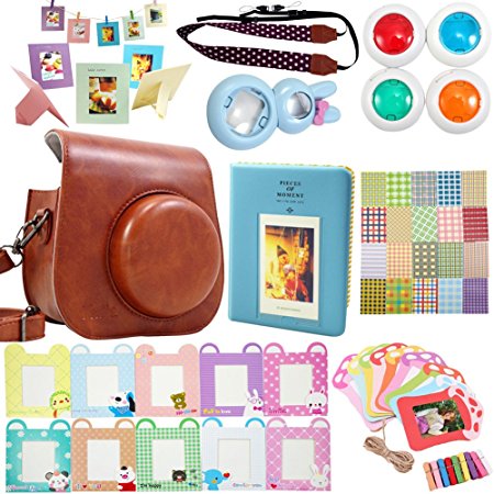 Katia Instant Camera Accessories Bundles Set for Fujifilm Instax Mini 8/8  with Camera Case Brown/ Photo Albums/ Selfie Len/ Wall Hang Frame/ Border Stickers/ Filters/ Camera Strap (Brown)