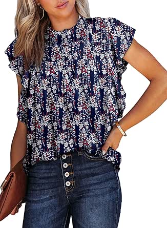 Dokotoo Womens Summer Tops Casual Crewneck Floral Print Shirts Smocked Ruffle Short Sleeve Babydoll Blouses