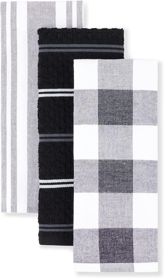 KitchenAid Stripe Gingham Dual Purpose Cotton Rectangle Kitchen Towel 3-Pack Set, Onyx Black, 16"x28"